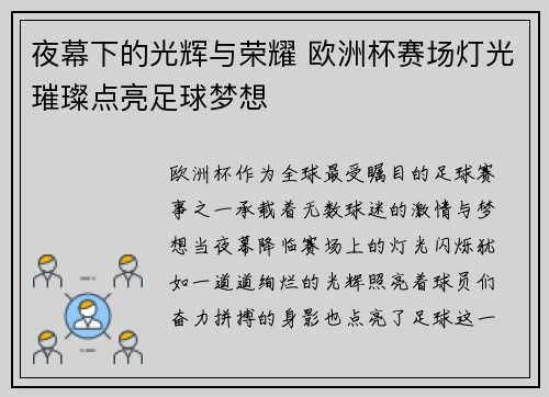 夜幕下的光辉与荣耀 欧洲杯赛场灯光璀璨点亮足球梦想