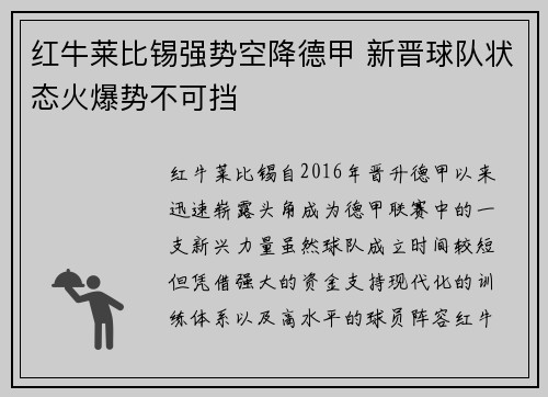 红牛莱比锡强势空降德甲 新晋球队状态火爆势不可挡
