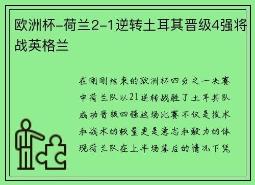 欧洲杯-荷兰2-1逆转土耳其晋级4强将战英格兰