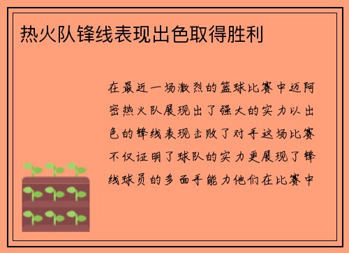 热火队锋线表现出色取得胜利