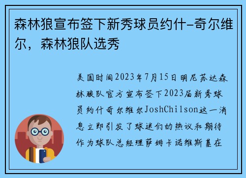 森林狼宣布签下新秀球员约什-奇尔维尔，森林狼队选秀